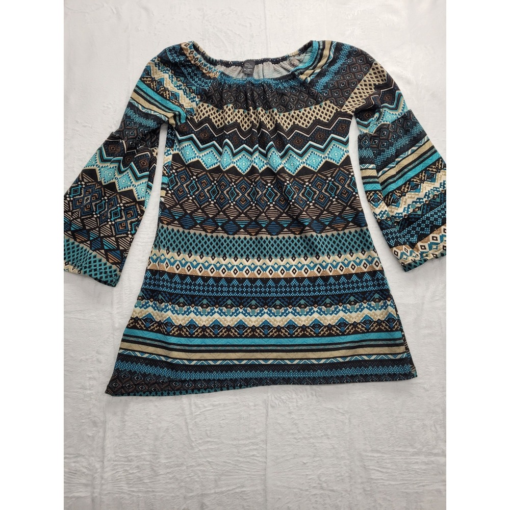 WinWin Bell Sleeve Tunic Women S-M Turquoise Geometric Boho Rockabilly
